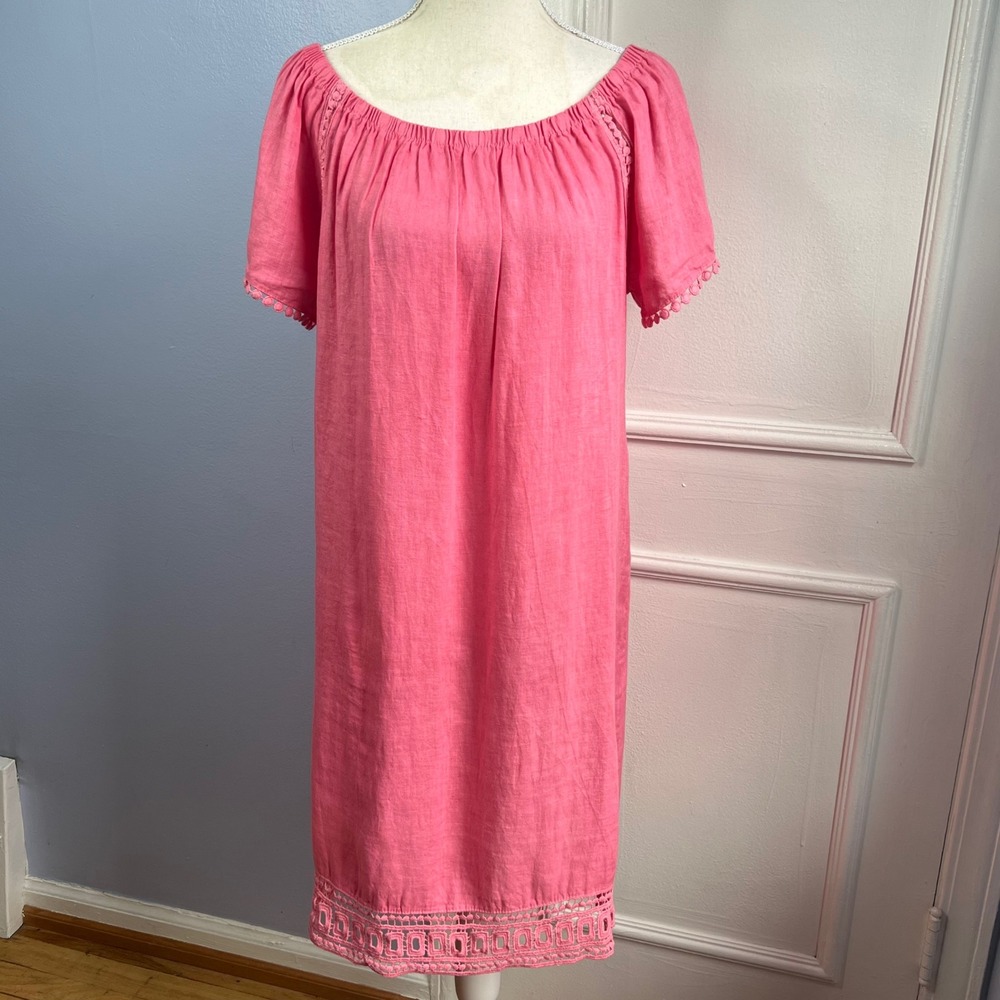 Anthropologie Luisa Perla Linen Dress Italy Coral Pink Eyelet Lace Womens Size M - Picture 2 of 10